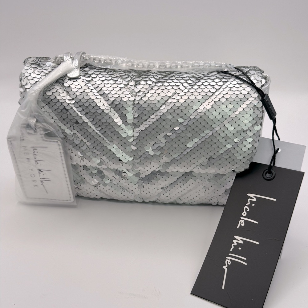 Nicole Miller Silver Sequin Chain Strap Crossbody Small Bag Purse Clutch Prom
